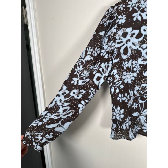 Tyler Boe Size 8 Button Up Brown Blue Floral Womens 100% Silk Blouse - Picture 4 of 11